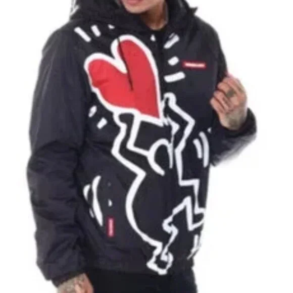 Members Only x Keith Haring Hooded Jacket Black Graphic Poly Filled Streetwear M - Picture 4 of 17